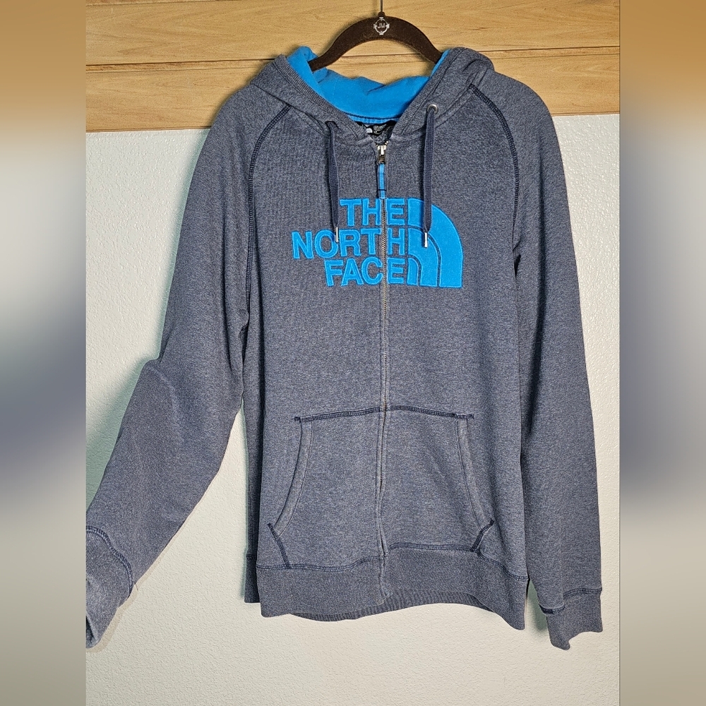 North Face Gray and Blue Hoodie Zip Up, Front Pockets, Mens LG - Picture 5 of 9